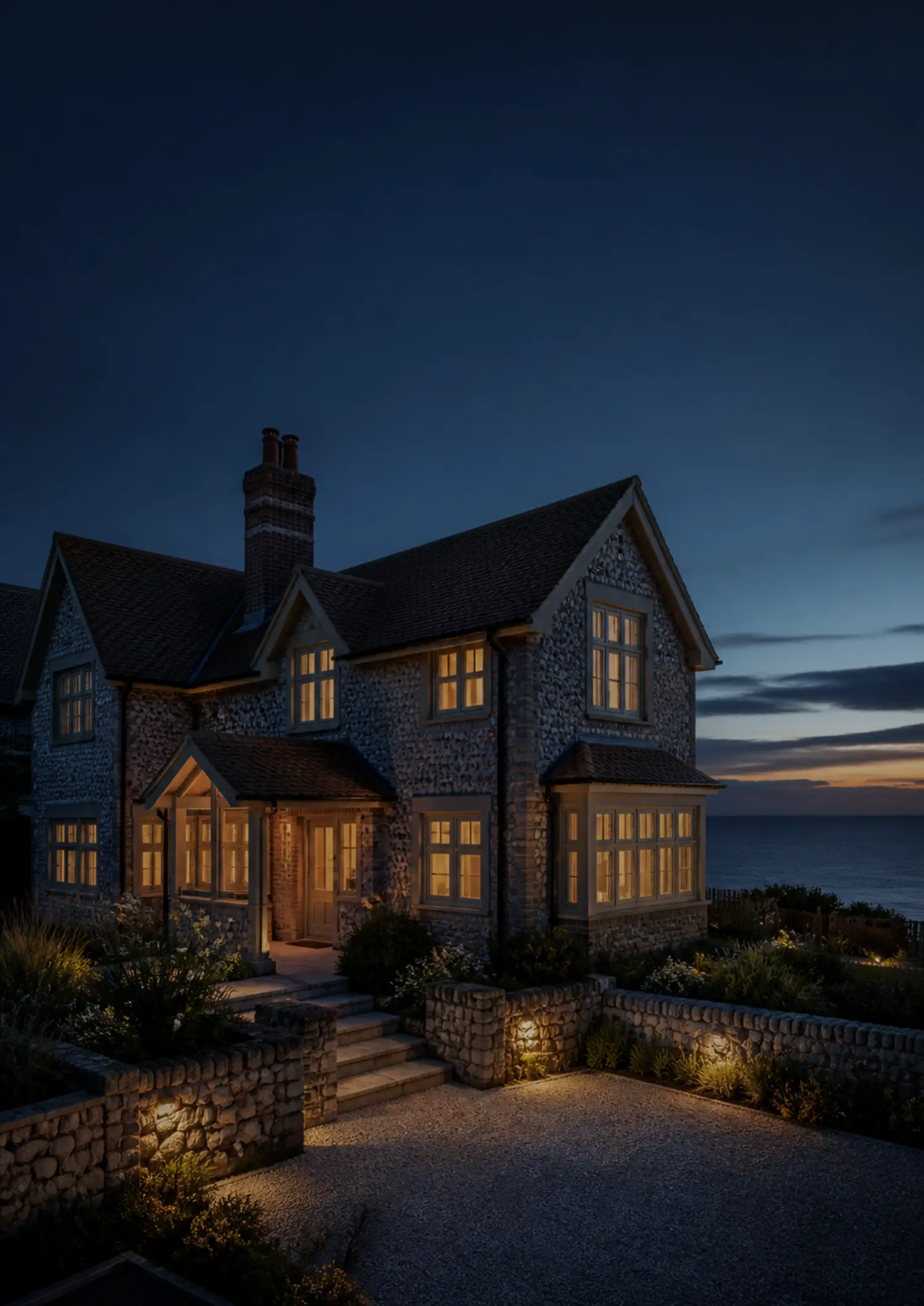 A premium coastal holiday home at dusk