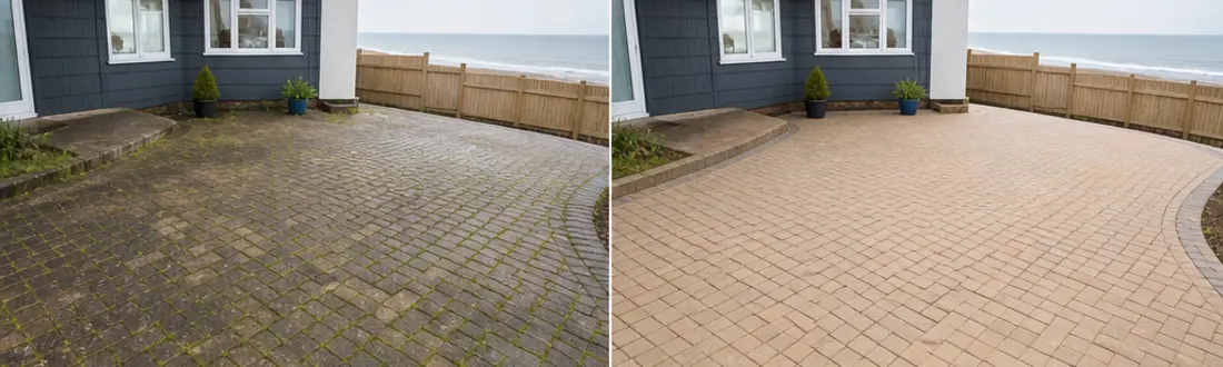Illustrative patio before and after exterior cleaning